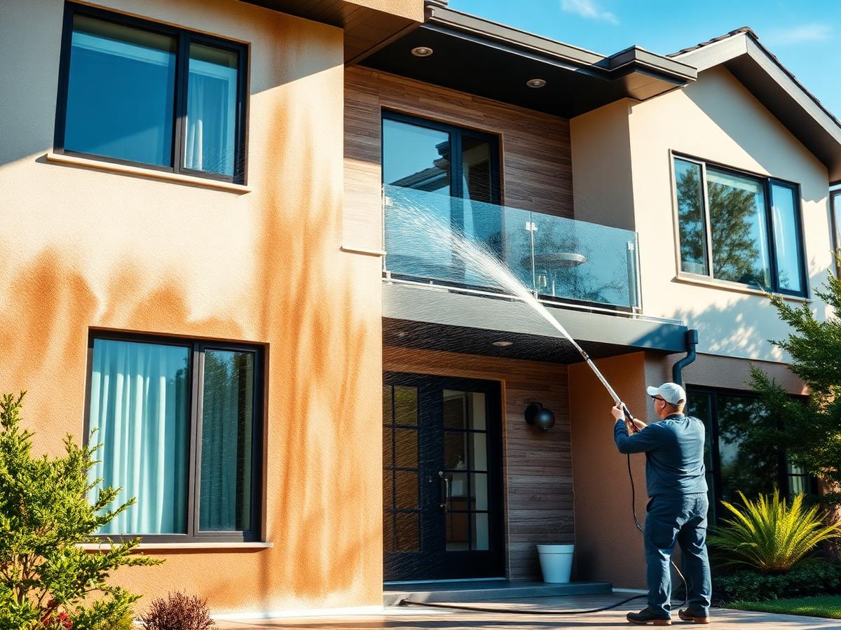 A home exterior being professionally pressure washed by Beal's Power Wash.